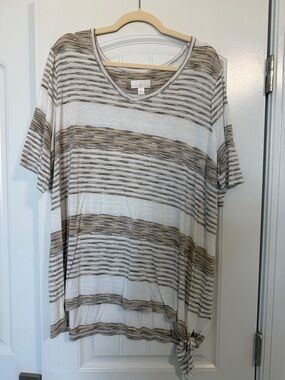Belle by Kim Gravel Cream and Brown Striped Short Sleeve Blouse